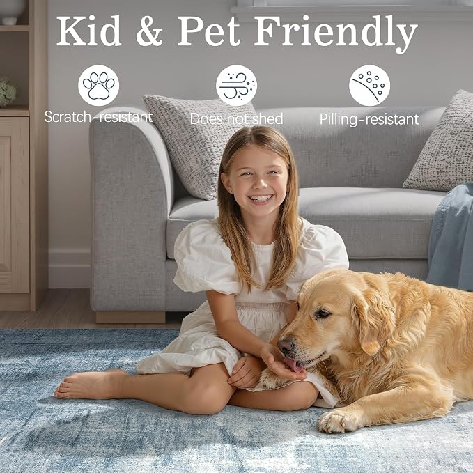 DCX Washable Abstract Area Rug 6x9, Non Slip Low Pile Rug, Blue | Easy to clean, non-shedding, soft, kid & pet friendly, with a non-slip rubber backing for living rooms, bedrooms, and offices