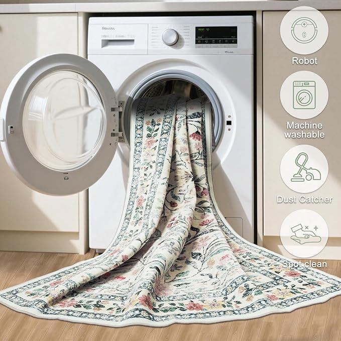 PLHXFR 8x10 Area Rug Living Room: Floral Washable Boho Carpet Green Beige | For Bedroom Dining Room Farmhouse Nursery Hallway,Vintage Floral,Machine washable,Non Slip,Stain Resistant,Large Indoor