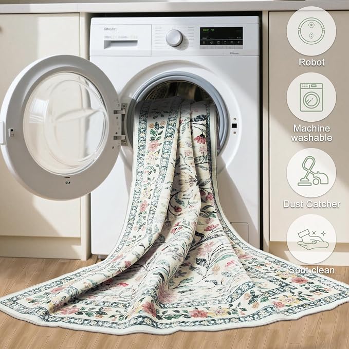 PLHXFR Area Rug Living Room: 5x7 Floral Washable Boho Carpet Green Beige | For Bedroom Dining Room Farmhouse Nursery Hallway,Vintage Floral,Machine washable,Non Slip,Stain Resistant,Large Indoor