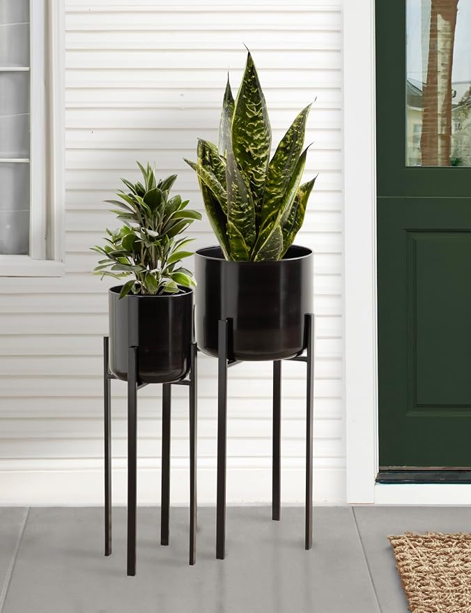 Kate and Laurel Gabi Decorative Two-Piece Metal Planters; Set of 2; Black; Modern Metal Outdoor or Indoor Plant Stands for Use as Living Room Planters or Porch Plant Stands