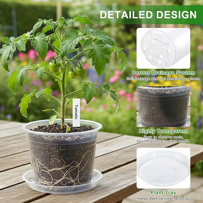 5/6/7/10 Inch Large Clear Nursery Pots with Drainage and Saucers - 16 Pack Plastic Plant Pots with Garden Tools & Labels, Seedling Pots for Transplanting Succulents Flowers Herb Vegetables