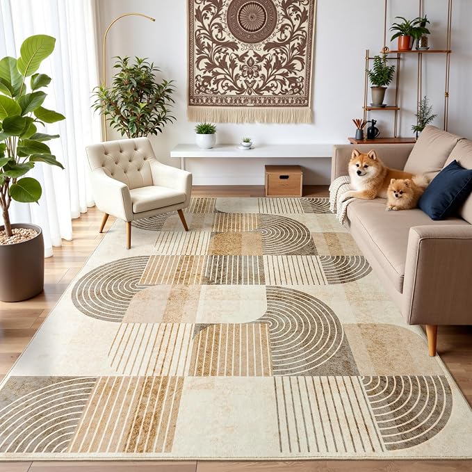 5x7 Washable Area Rugs for Living Room, Non Slip Boho Modern Rug | Stain Resistant, Soft Carpet Indoor Floor Carpets for Bedroom Dining Room Farmhouse Nursery Hallway Home Office, Beige