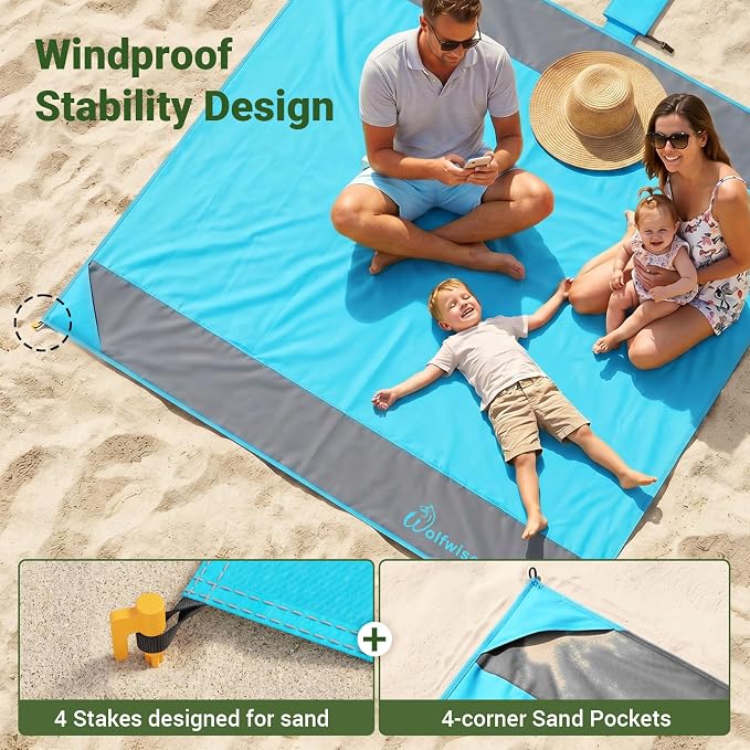 Wolfwise 108" × 120" XXL Beach Blanket, Waterproof & Sandproof Picnic Mat with 4 Sand Pockets & 4 Stakes, Windproof Outdoor Camping Beach Mat, Lightweight, Fits 8 People, Blue