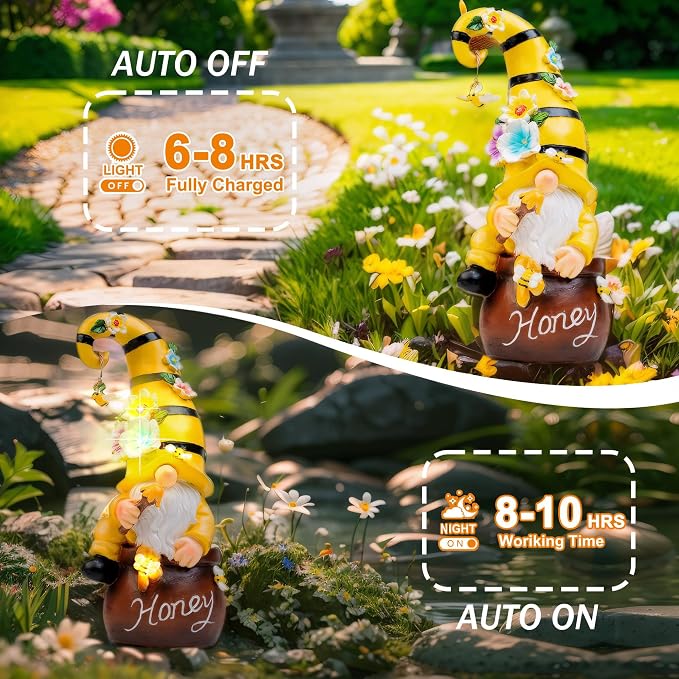 twinbling 13" Garden Solar Spring Gnomes Statues Outdoor | Birthday Gifts from Daughter Son Spring Decor with LED Lighted Bee and Flowers Funny Garden Sculpture for Patio Yard Lawn