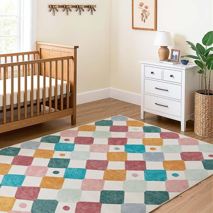 jinchan 5x7 Nursery Rug Washable Kids Rug Colorful Play Mat Decor Confetti | Soft, Non-Slip, Cute, Kid-Friendly, Modern Checkered Diamond Design, Classroom, Playroom, Bedroom, Dorm, Daycare, Living Room