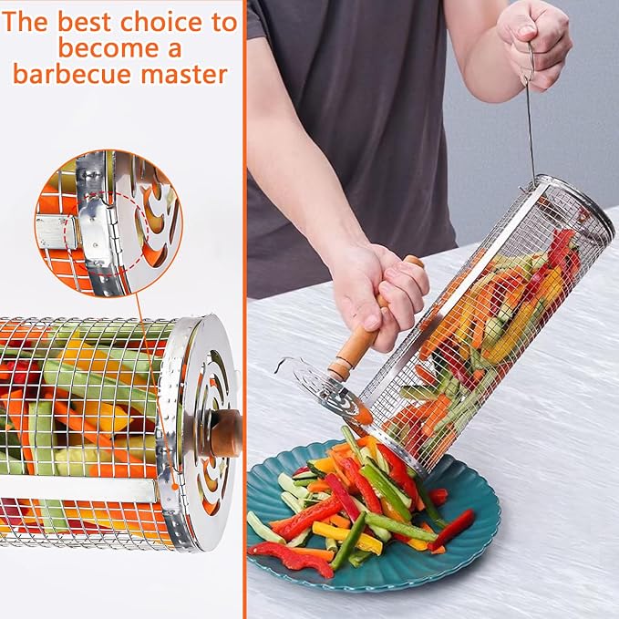 Rolling Grill Basket Set 2 Pack, 304 Stainless Steel Rotating Cage (3.9inch Dia & 3.5inch Dia) with Removable Wood Handle, Includes Wave Holder & Hanging Hooks, BBQ Net for Vegetables Shrimp Smoker Camping