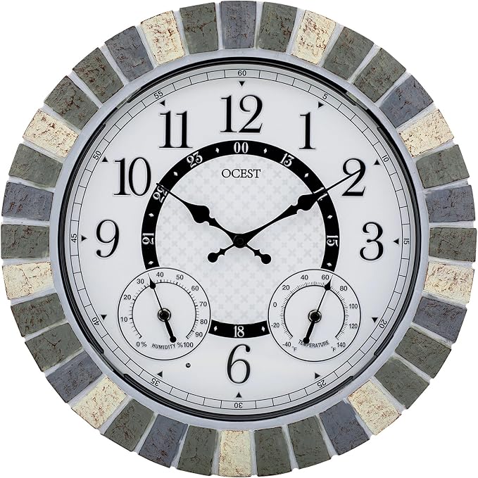 OCEST 18 Inch Outdoor Wall Clock with Night Light, Waterproof Thermometer & Hygrometer Combo, Battery Operated Silent Non-Ticking Large Patio Clock for Garden, Pool, Porch (Rustic Gray)