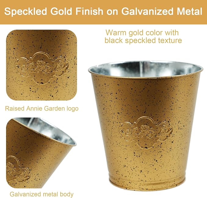 3 Pack Gold Metal Buckets, 6.5" x 6.6" Galvanized Decorative Pails for Floral Arrangements, Plant Pot Covers, Party Favors, Wedding Table Decor and Small Storage