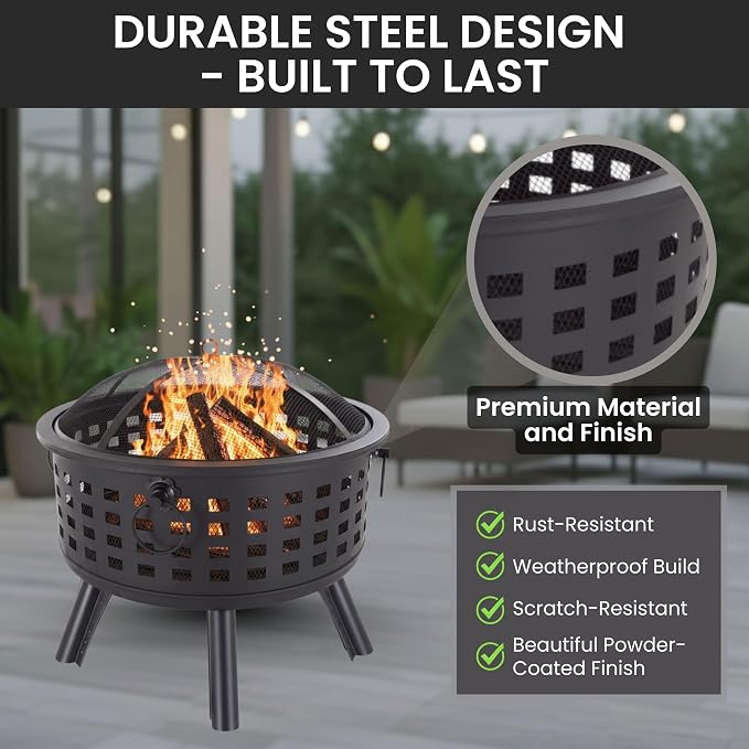 Outdoor Fire Pit - 26-Inch Round Lattice Wood Burning Firepit with Screen, Poker, Grate and Cover - Wood Fire Pits & Outdoor Fireplaces by Pure Garden