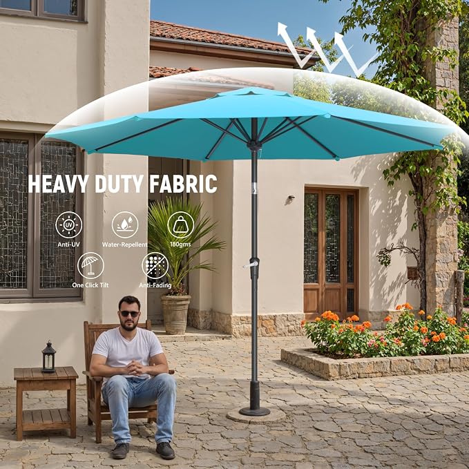 Outdoor Patio Umbrella with One Push Button Tilt and Crank, 8 Sturdy Ribs Market Table Umbrella