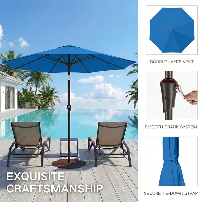 Kingdura 9FT Outdoor Patio Umbrella, Round Market Table Umbrella with Push‑Button Tilt and Crank Lift, 8 Sturdy Metal Ribs, UV50+ Protection Canopy for Backyard, Lawn, Deck, Poolside, Garden (Royal blue)