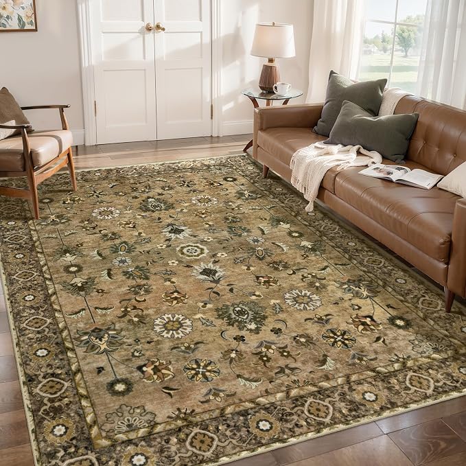 Tangsoo Vintage 3x5 Area Rugs, Washable Non Slip Accent Rugs for Entryway | Farmhouse Print Indoor Carpet, Brown Oriental Soft Low Pile Rug for Living Room Bedroom Bedside Bathroom Entrance Home Decor