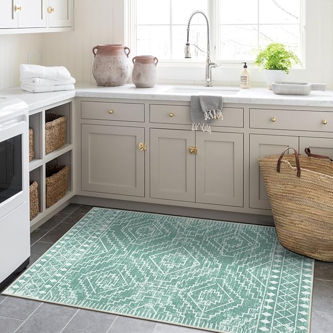 Wonnitar Moroccan 3x5 Area Rug, Sage Green Rug for Bedroom, Washable Farmhouse Kitchen Rug Non-Slip Living Room Throw Mat, Soft Non-Shedding Small Carpet for Bathroom Dorm Office (Mint Green,3'x5')