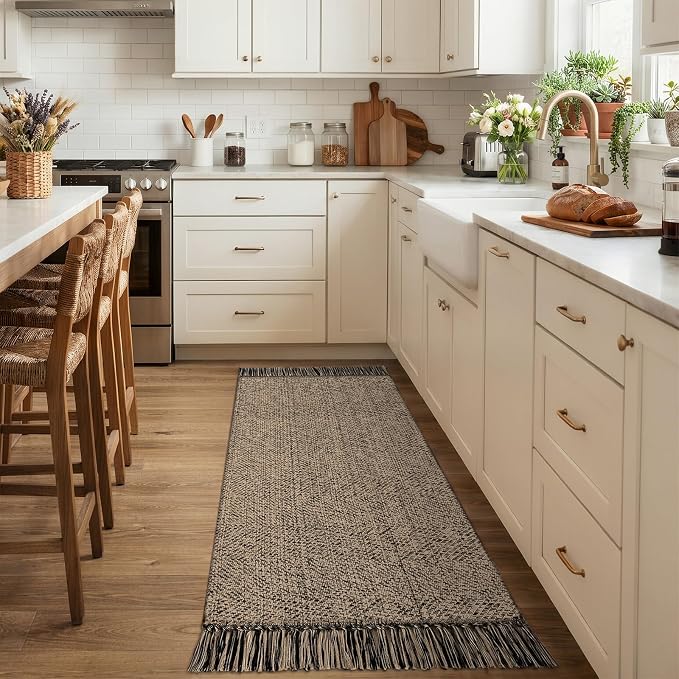 Bathroom Runner Rug, 2' x 5' Modern Farmhouse Kitchen Carpet | Boho Hand-Woven Entryway Rugs Runners for Hallway, Natural/Black Washable Laundry Carpet Indoor Front Door Mats for Bedroom