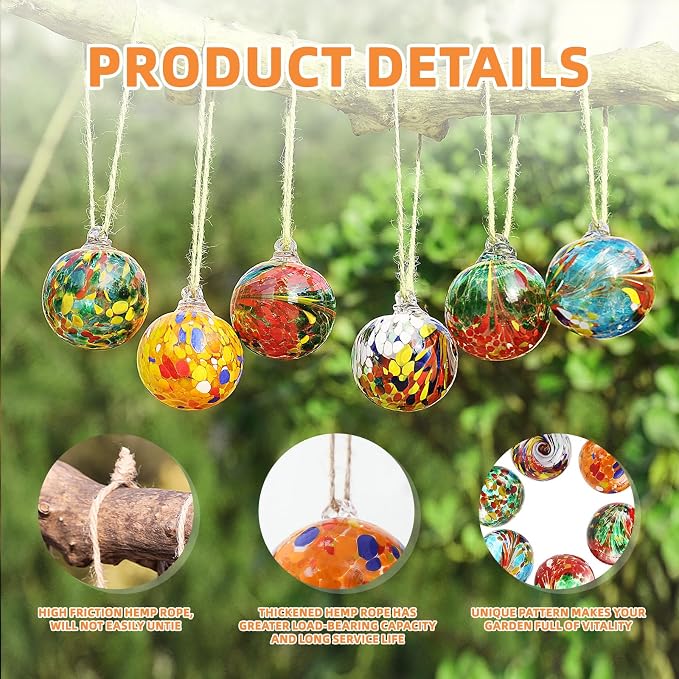 VOREEN 6-Pack Blown Glass Christmas Ornaments, 2.56" Handblown Hanging Glass Gazing Balls for Christmas Tree Decoration, Holiday Ornament Gift Set（Colorful Festival Mix）