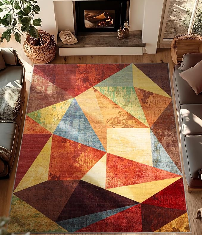 Orange Area Rug 6x9 for Living Room,Geometric Burnt Orange Area Rug Non Slip,Farmhouse Rugs Washable,Vintage Burgundy Carpets for Bedroom, Boho Rug for Kitchen,Dining Room