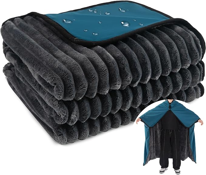 PuTian Waterproof Outdoor Blanket 79"X57" Packable, Stadium & Car Camping Blanket with Corduroy Fleece Lining, Windproof Throw for Picnic Hiking Road Trip, Machine Washable, Blue 350GSM