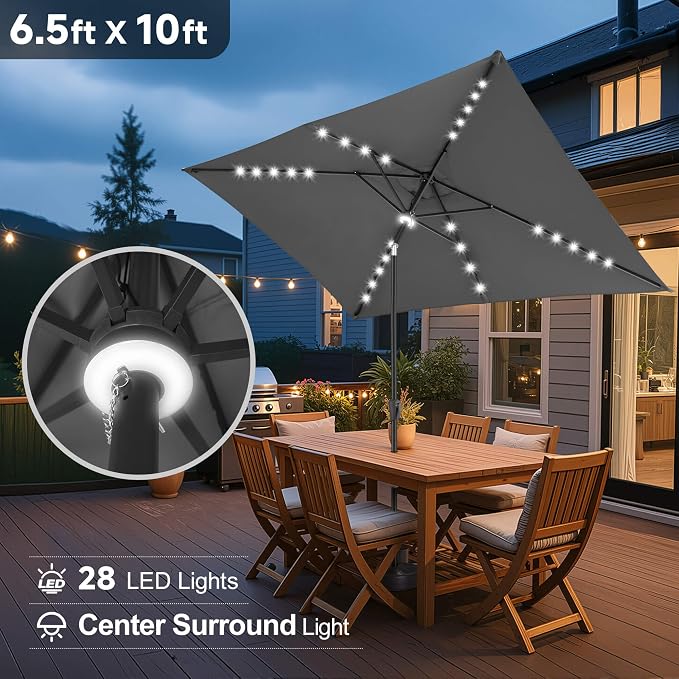 6.5x10 FT LED Lighted Rectangular Solar Patio Umbrella, Rectangular Solar Umbrella Outdoor with Center Ring Light 28 LED Lights, Rectangle Table Umbrella for Deck, Pool, Beach, Anthracite