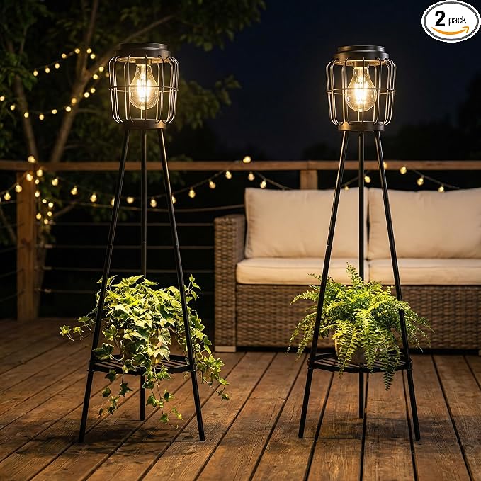 VISFLAIR 2 Pack Solar Lights with Plant Stand, Outdoor Floor Lamp, Waterproof Solar LED Edison Bulb Floor Lamps for Patio Porch Deck Yard Garden Decor