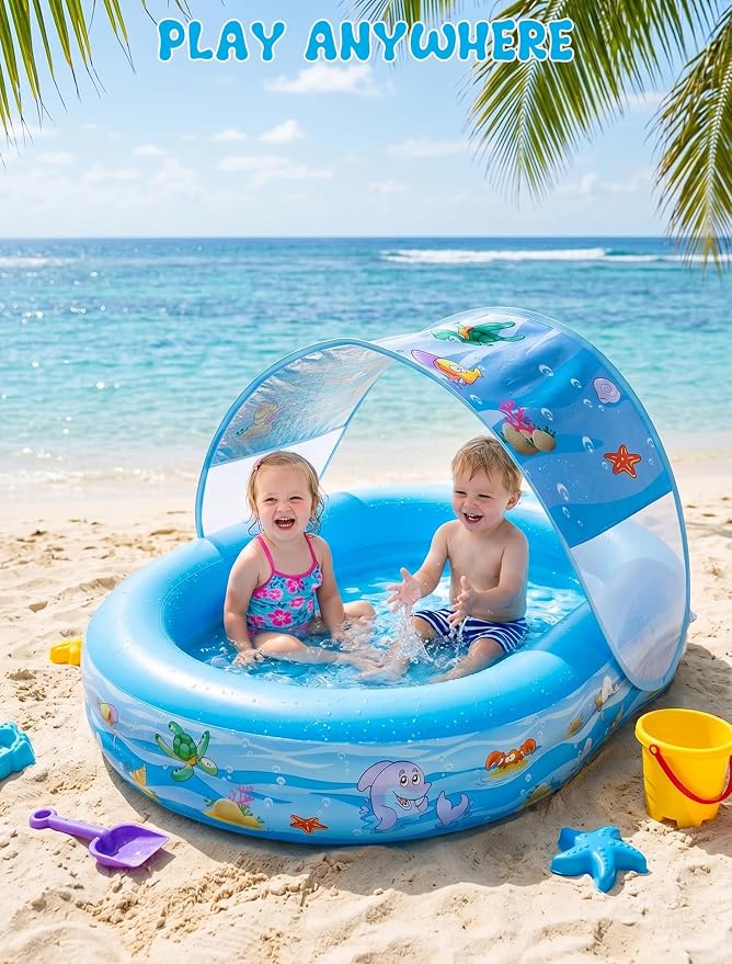 Inflatable Kids Pool with Canopy and Sprinkler 65" x 46", Kiddie Blow Up Pool with Shade Cover for Baby Swimming, Toddler Ball Pit for Backyard Water Fun Indoor Outdoor Summer Toys