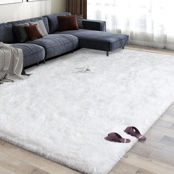9x12 Large Fluffy Area Rugs for Living Room, White | Upgrade Non-slip, Washable, Flame Resistant, High Pile Big 9 x 12 Shag Rug Plush Carpet for Bedroom Kids Room Dorm Home Decor