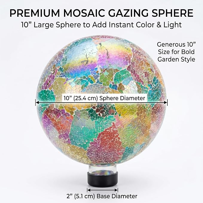 Topadorn 10" Iridescent Mosaic Glass Gazing Ball, Reflective Garden Globe Sphere for Outdoor Decor, Colorful Garden Ball for Patio, Yard & Flower Beds