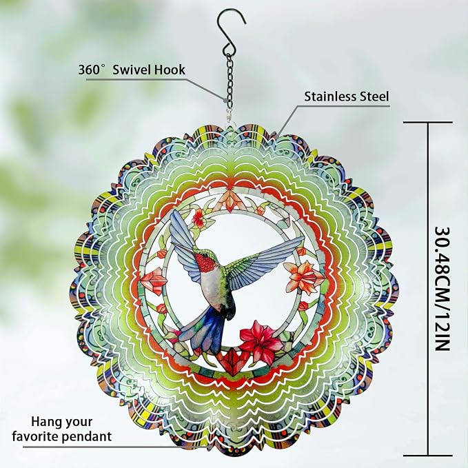 Eandisom Wind Spinners Outdoor Hummingbird - Birthday Gifts for Women Mom Grandma, Hanging Wind Spinner 12 inch 3D Wind Sculptures for Garden Decor for Outside, Patio, Yard, Outdoor