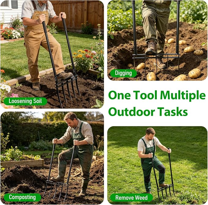 Broadfork, 12" Long 5-Tine Broadfork Gardening Tool for Gardening Cultivation Composting Transplanting Digging Farm Crushing Soil Aeration Garden Fork for Loosening Soil