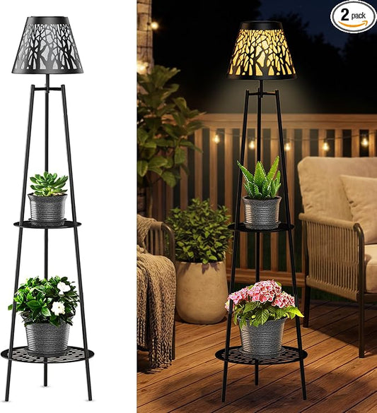 MXwcy 2-Tier Solar Plant Stand with Light, Outdoor Waterproof Floor Lamp with Tree Branch Cutout Lampshade, Tall Metal Planter Holder Display Rack for Patio, Porch, Garden, Balcony Decor (2 Pack)
