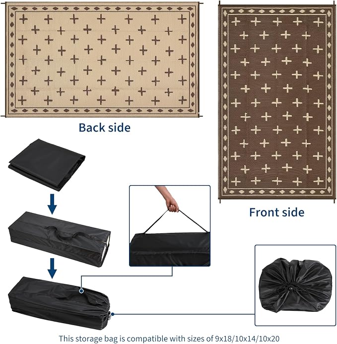 Outdoor Patio Rug 9x18 Waterproof Outside Area Rugs Modern Reversible Plastic Straw Carpet for RV Deck Camping Entryance Porch Picnic Balcony Beach，Brown/Coffee