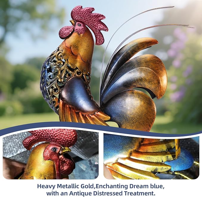Rooster Garden Statues,Vintage Chicken Statue for Outdoor Decor, Regal Mighty Metal Rooster,Perfect Handmade Gift for Housewarming, Friends, Garden Lover