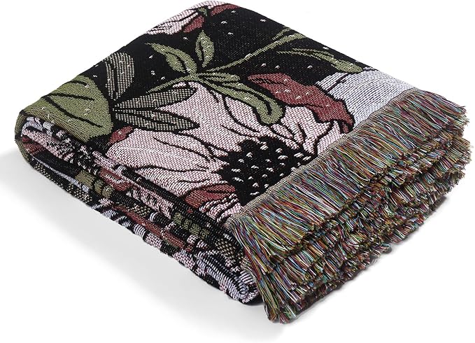Boho Throw Blanket Reversible Cotton Bohemian Tapestry Hippie Room Decor Double Sided (Boho Flower Dark 50"x60")