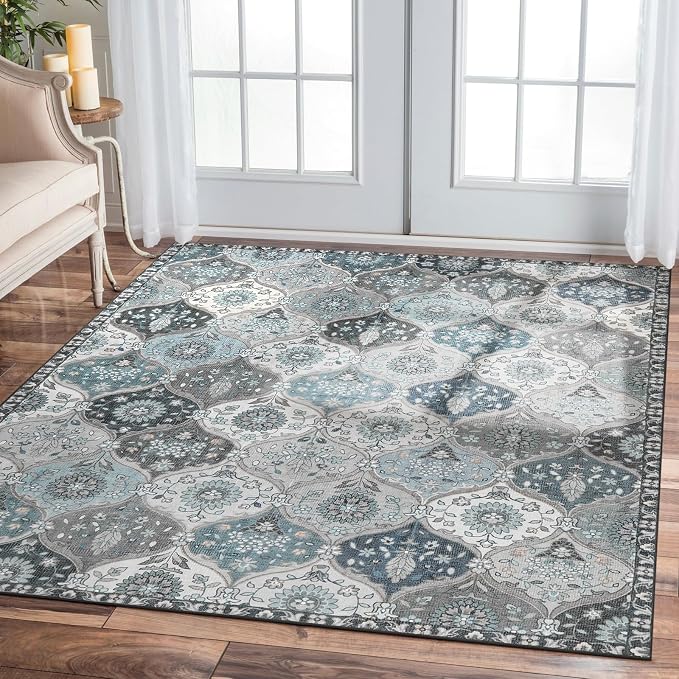 Lahome Moroccan Washable Area Rug 6x9, Large Soft Living Room Bedroom Rugs | Ultra-Thin Oriental Trellis Distressed Non Shedding Throw Carpet for Dining Room Office Elise, Blue