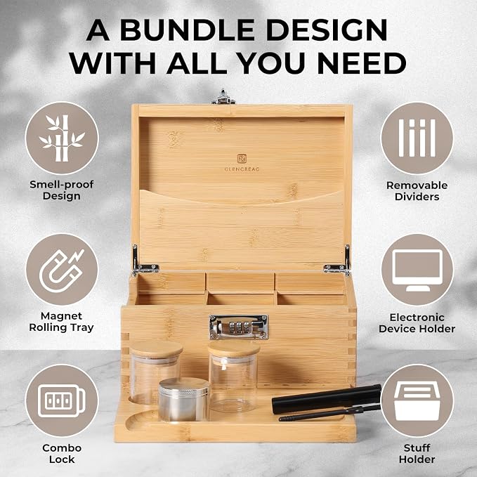 GLENCREAG Stash Box with Rolling Tray, Smell Proof Large Bamboo Storage Box with Lock, Decorative Box Set Includes Glass Jars & Grinder, Gift for Men Women