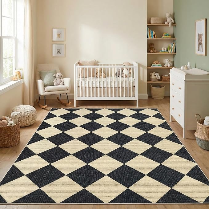 GarveeHome 4x6 Modern Checkered Area Rug Black Washable Rug for Nursery | Bedroom Soft Low Pile Non Slip Diamond Floor Mat Plaid Print Throw Rug Indoor Carpet Dining Room Playroom