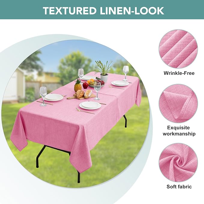 LUSHVIDA Outdoor Tablecloth with Umbrella Hole - Patio Table Cloth Zippered Rectangle 60x102 Inch, Pink Linen-Look Polyester Table Cover Water Resistant for Picnic Outside