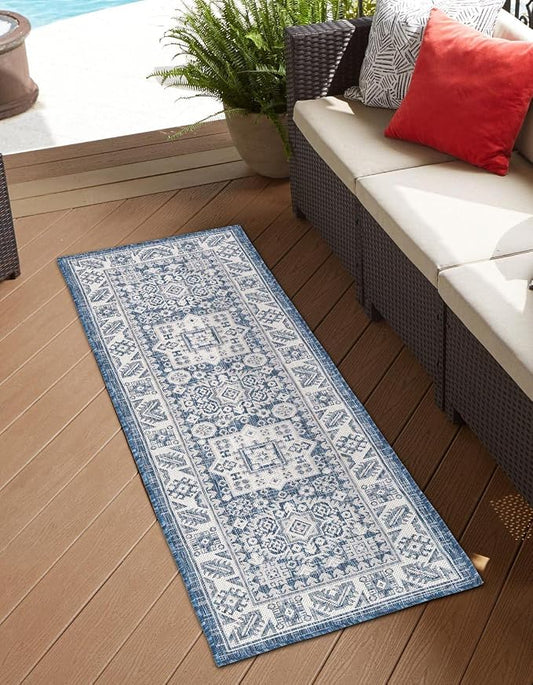 Unique Loom Outdoor Aztec Collection Area Rug - Chalca (2' x 6' 1" Runner, Blue/ Ivory)