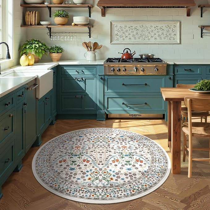 GarveeHome Beige Ivory Floral 4 ft Round Rug Washable Non-Slip Soft Low Pile Small Circle Carpet Vintage Rugs for Kitchen Bedroom Nursery Dining Living Room
