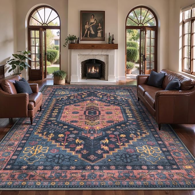 Ciicool 6x9 Area Rugs,Washable Large Boho Carpet for Living Room Bedroom | Oriental Low-Pile Soft Vintage Non-Slip Indoor Throw Carpet for Kitchen Bedside Bathroom Dining Room Foyer Decor