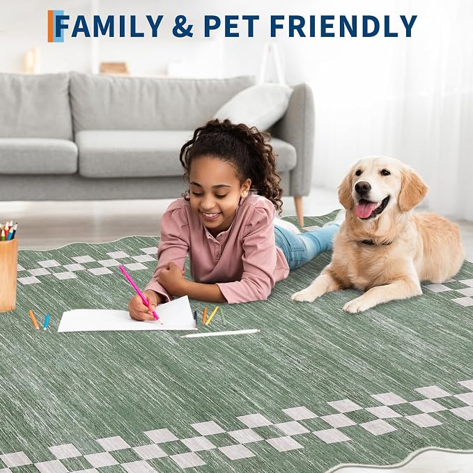GarveeHome Rug Runners for Hallways 2x8 Washable Kitchen Runner Rug | Non Slip Low Pile Bedside Throw Carpet Modern Bordered Runners Checkered Rugs for Living Room Bedroom Entryway Nursery, Green