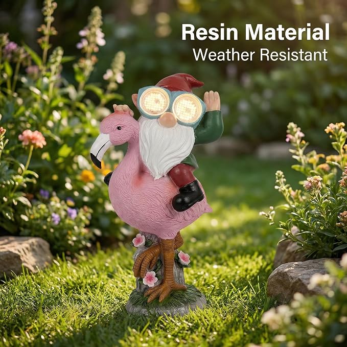 iStatue Solar Flamingo Gnome Garden Statue with Blinking LED Goggles, Funny Solar Garden Decor Outdoor Lawn Ornament Unique Birthday Gifts for Mom Women Dad Men (Multicolor)
