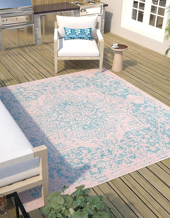 Unique Loom Jill Zarin Jill Zarin Outdoor Collection Area Rug - Dubai (7' 10" Square, Pink and Aqua/Light Blue)