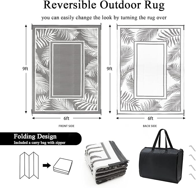 Bsmathom Waterproof Outdoor Rug 6'x9' Reversible Boho Plastic Straw Patio Deck Camping Rugs, Indoor Outdoor Portable RV Mat Clearance Carpet for Outside, Porch, Balcony, Backyard, Beach, Pool,Grey
