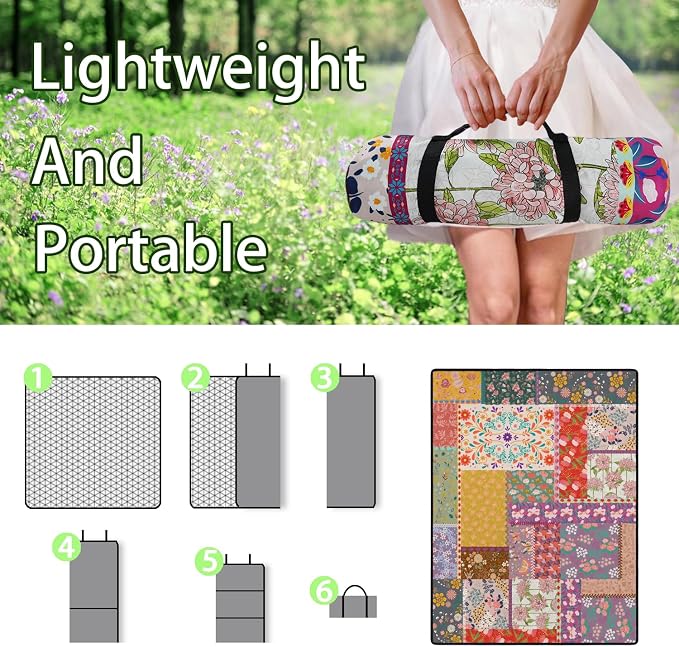 Boho Flower Picnic Blankets Waterproof Foldable, 60’‘x80'' Portable Outdoor Picnic Mat Water Resistant for Grass, Padded Lawn & Park Blanket for Camping, Hiking
