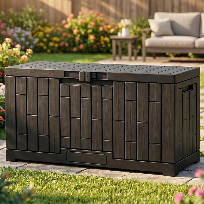 YITAHOME 60 Gallon Resin Deck Box, Weather Resistant Outdoor Rattan Storage Box with Slide-Locking Lid, Lockable Indoor Outdoor Storage for Supplies and Essentials, Black