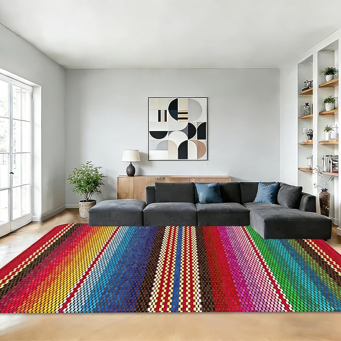 Mexican Ethnic Rug for Living Room 5x7,Boho Rainbow Stripes Machine Washable Area Rug Soft Stain Resistant Floor Large Carpet for Bedroom,Farmhouse,Dining Room,Kids Playroom