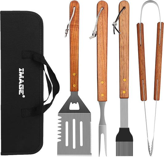 IMAGE Wooden BBQ Accessories Grilling Tools,Stainless Steel BBQ Tools Grill Utensils Set for Outdoor Grill, Cooking, Backyard Barbecue & Camping Gift for Man Dad Women Barbecue Enthusiasts Set of 4