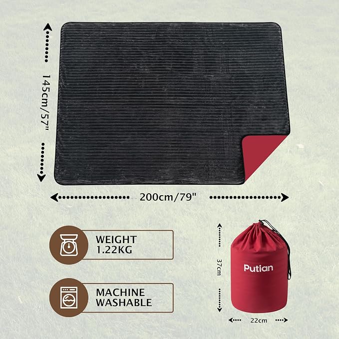 PuTian Waterproof Outdoor Blanket 79"X57" Packable, Stadium & Car Camping Blanket with Corduroy Fleece Lining, Windproof Throw for Picnic Hiking Road Trip, Machine Washable, Black 350GSM