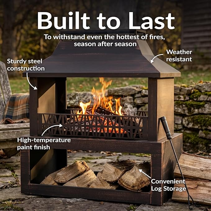 Sunnydaze Backyard Blaze 35-Inch H Heavy-Duty Steel Outdoor Fire Pit with Built-in Log Storage - Includes Protective Cover - Brushed Bronze