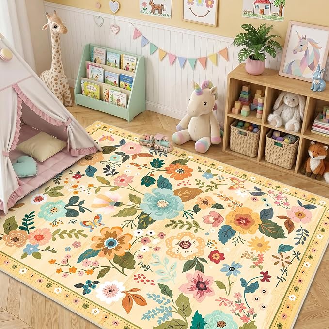 RELEANY Floral Washable 3x5 Area Rugs Yellow/Orange | Flower Carpet, Print, Boho, Non-Slip, Easy to Clean, Soft, Low Pile for Living Room Bedroom Kitchen Office Entryway Hallway